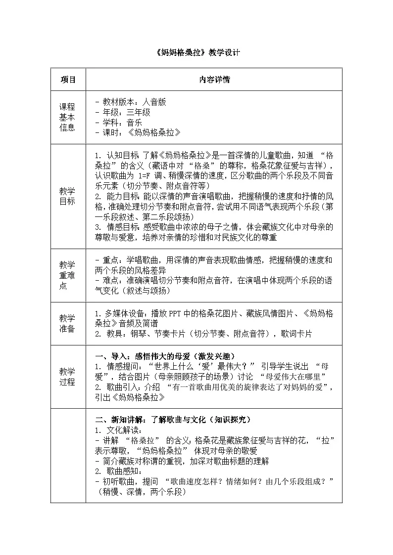 人音版(2024)三年级上册第四单元《妈妈格桑拉》教案第1页