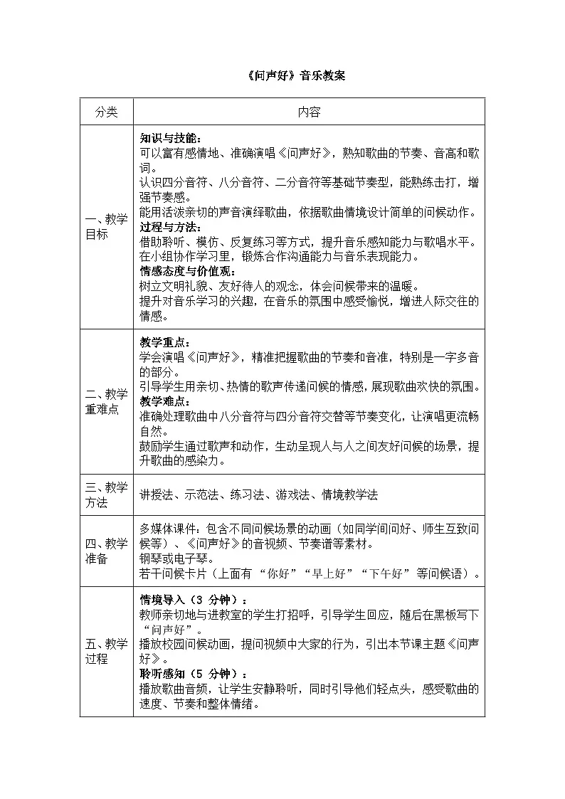 人音版一年级上册音乐第一单元《问声好》教案第1页