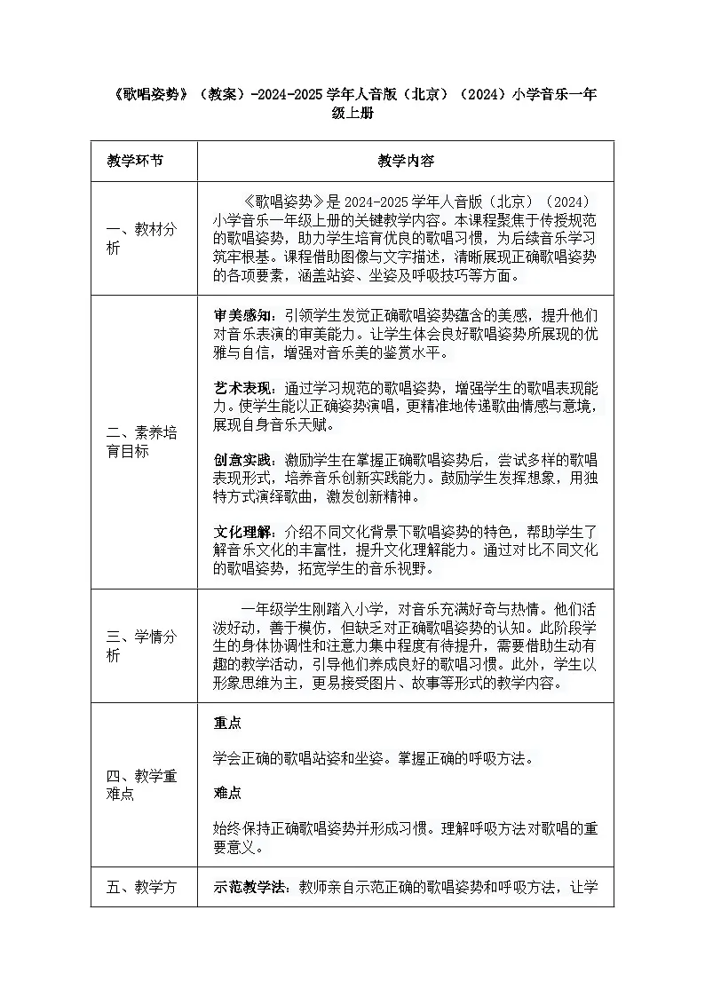 人音版一年级上册音乐第一单元《歌唱姿势》教案第1页