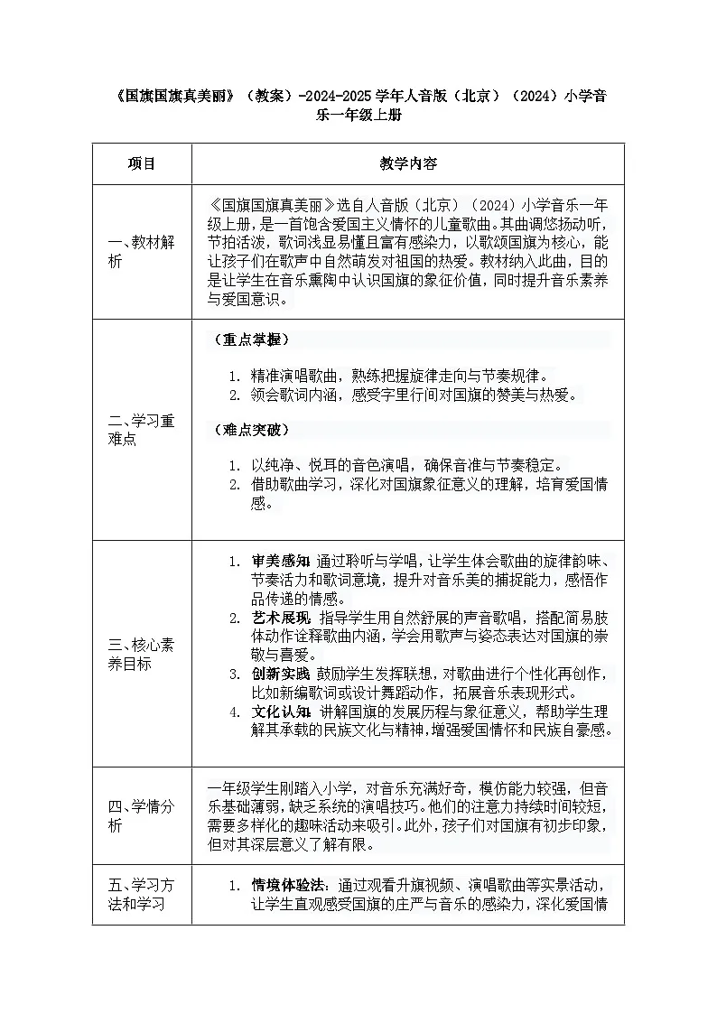 人音版一年级上册音乐第三单元《国旗国旗真美丽》教案第1页
