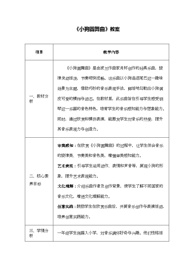 人音版一年级上册音乐第五单元《小狗圆舞曲》教案第1页