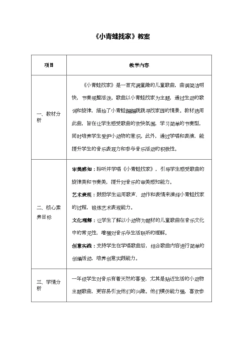 人音版一年级上册音乐第五单元《小青蛙找家》教案第1页