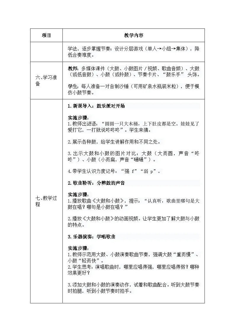 人音版一年级上册音乐第六单元《大鼓和小鼓》教案第2页