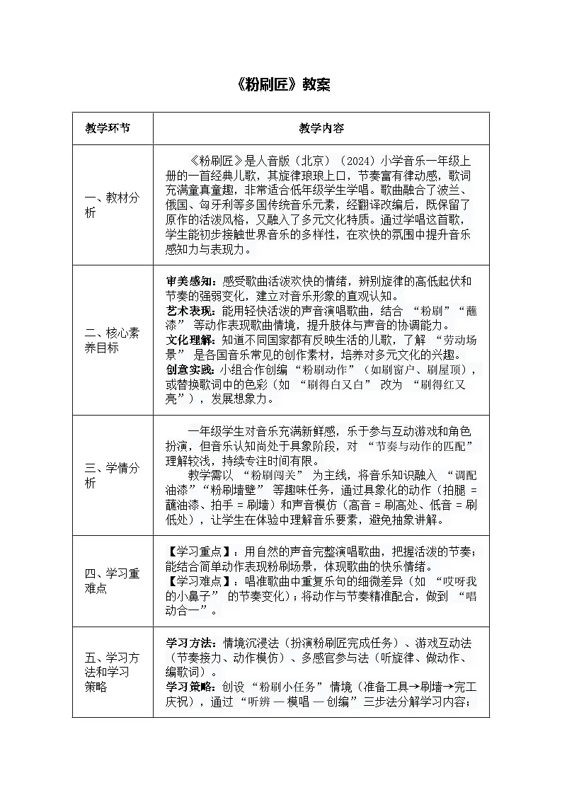 人音版一年级上册音乐第七单元《粉刷匠》教案第1页