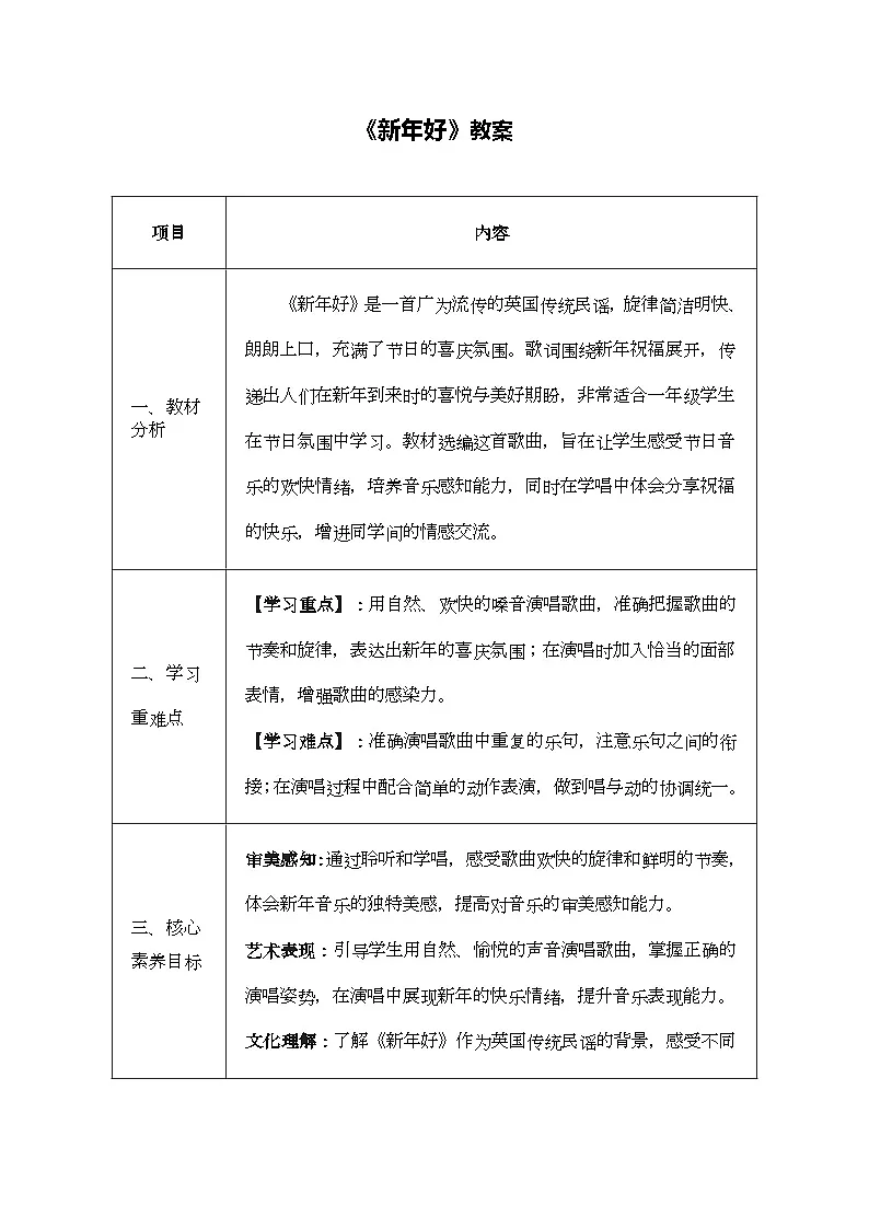 人音版一年级上册音乐第八单元《新年好》教案第1页