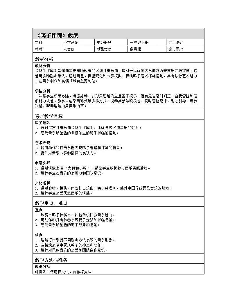 人音版 音乐 一年级下册第三单元《鸭子拌嘴》教案(表格式)第1页