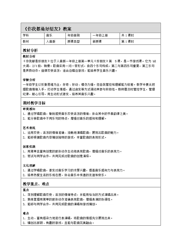 人音版2024音乐一年级上册唱歌 音乐是我好朋友 教案(表格式) (1)第1页