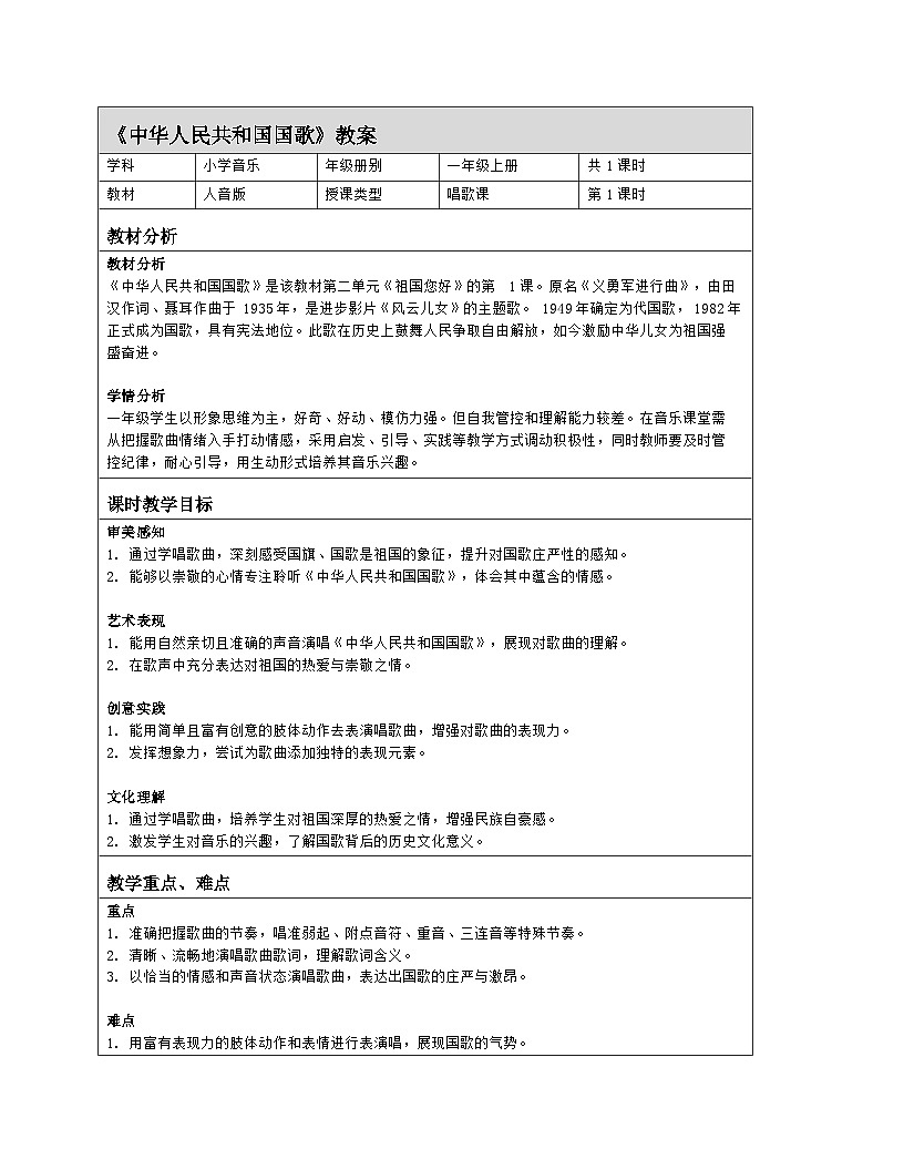 人音版2024音乐一年级上册第二单元唱歌 中华人民共和国国歌 教案(表格式)第1页