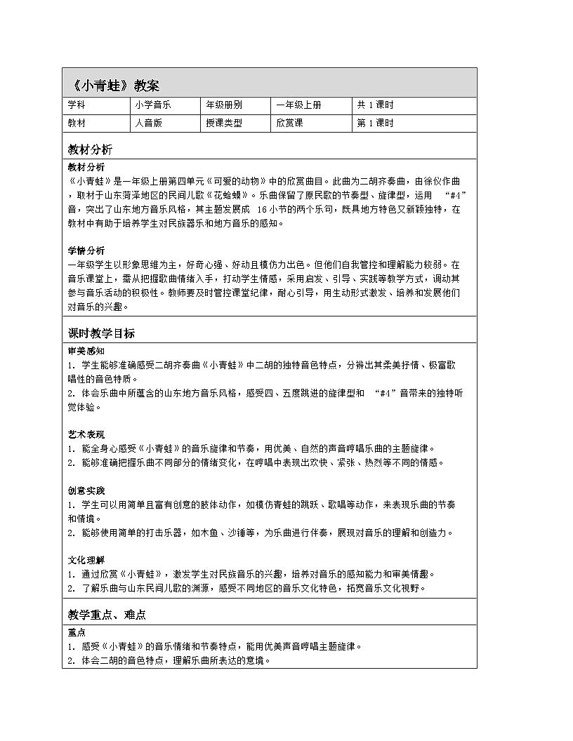人音版2024音乐一年级上册第四单元聆听 小青蛙 教案(表格式)第1页