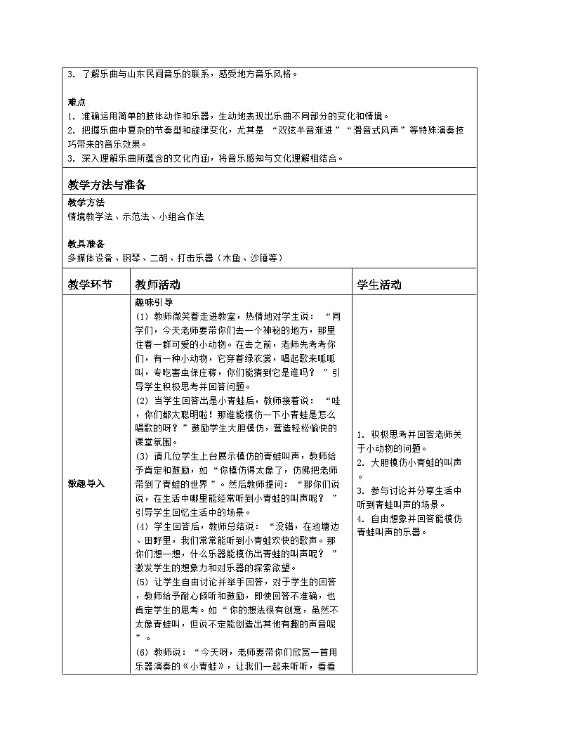 人音版2024音乐一年级上册第四单元聆听 小青蛙 教案(表格式)第2页