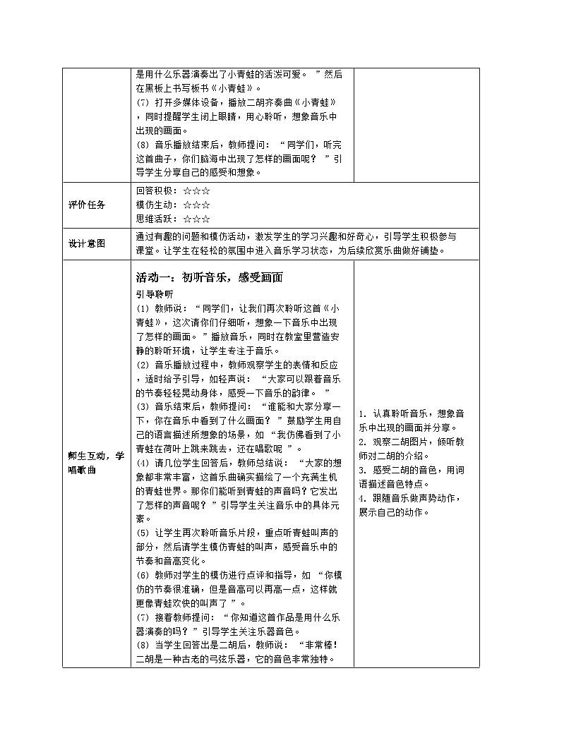 人音版2024音乐一年级上册第四单元聆听 小青蛙 教案(表格式)第3页