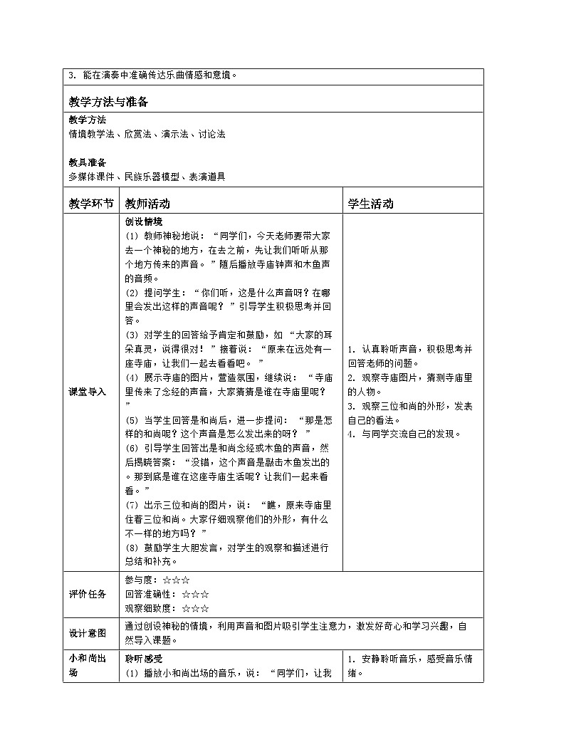 人音版2024音乐一年级上册第五单元聆听 三个和尚 教案(表格式)第2页
