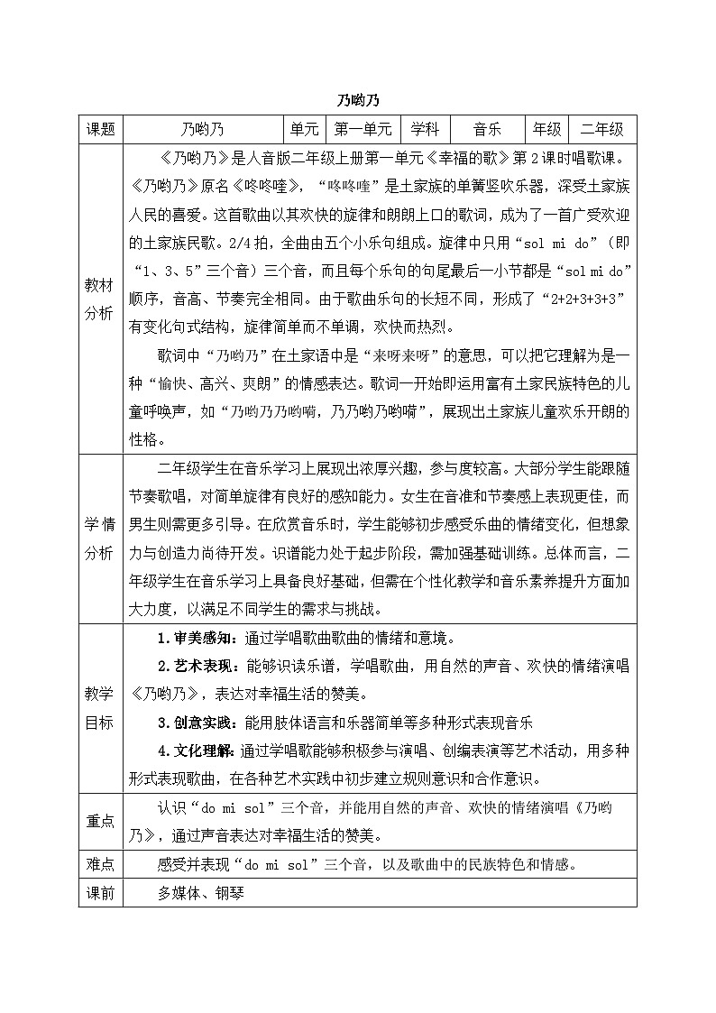 新人音版小学音乐二上第一单元《唱歌 乃哟乃》教案第1页