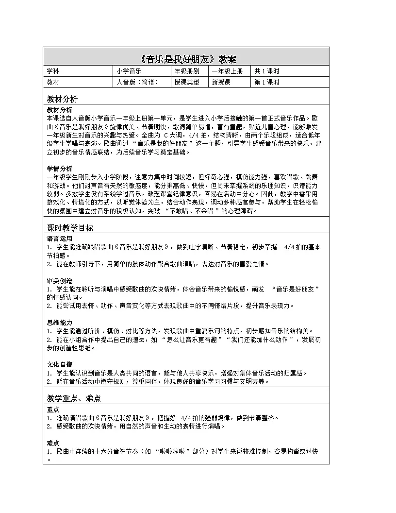 《音乐是我好朋友》教学设计(表格版)-2025-2026学年人音版(2024)音乐一年级上册第1页