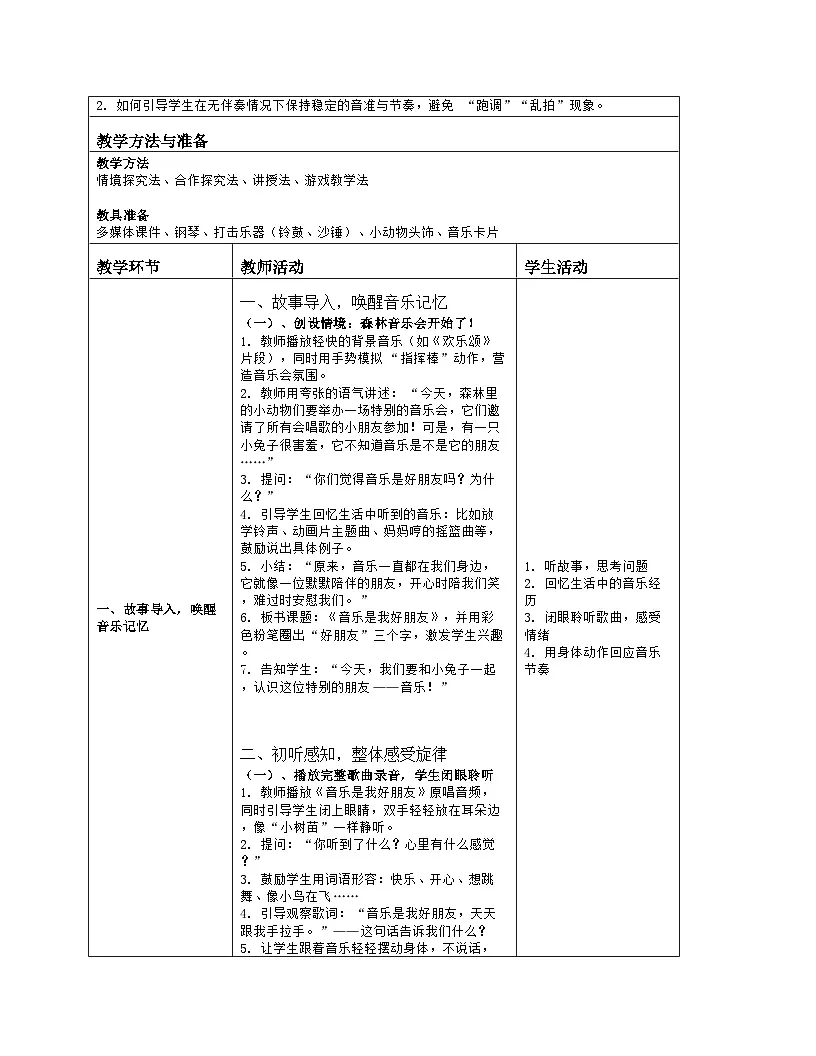 《音乐是我好朋友》教学设计(表格版)-2025-2026学年人音版(2024)音乐一年级上册第2页