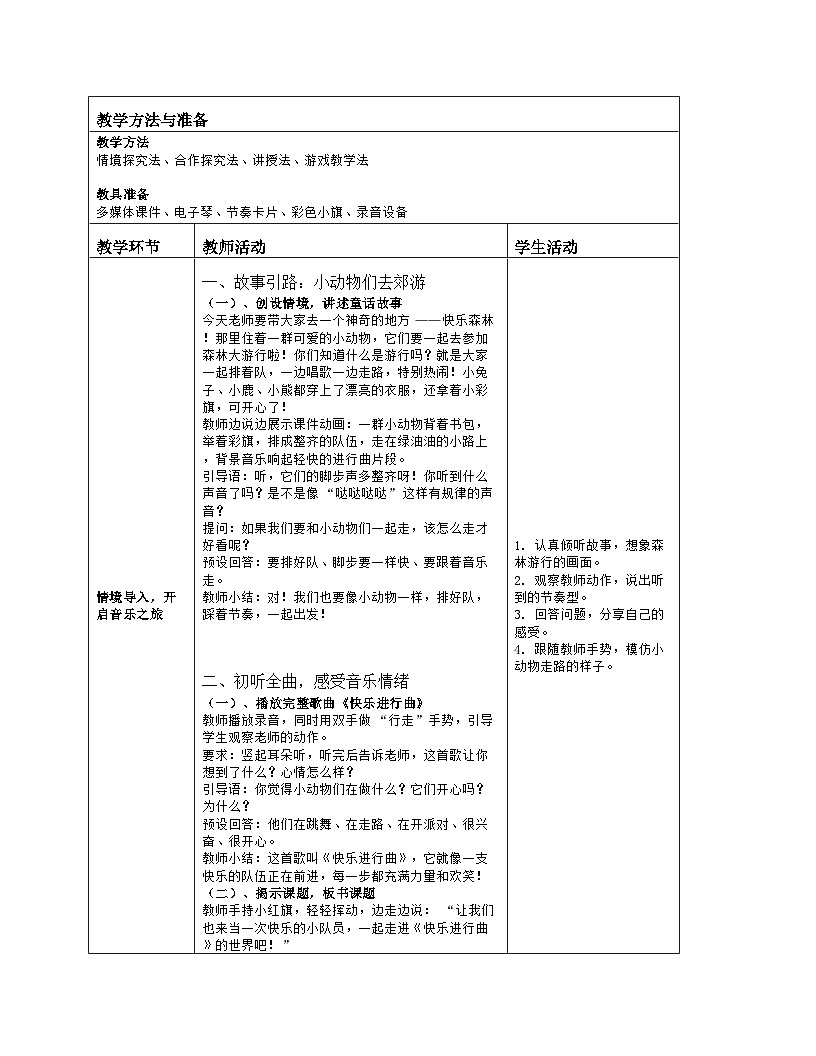 《快乐进行曲》教学设计(表格版)-2025-2026学年人音版(2024)音乐一年级上册第2页