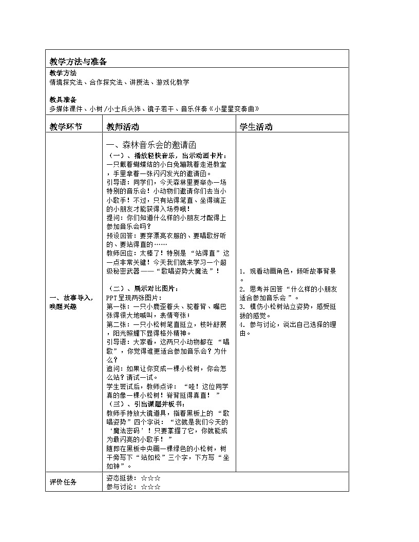 《唱歌姿势》教学设计(表格版)-2025-2026学年人音版(2024)音乐一年级上册第2页