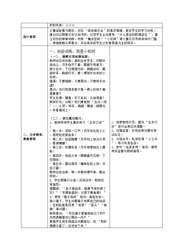 《唱歌姿势》教学设计(表格版)-2025-2026学年人音版(2024)音乐一年级上册第3页