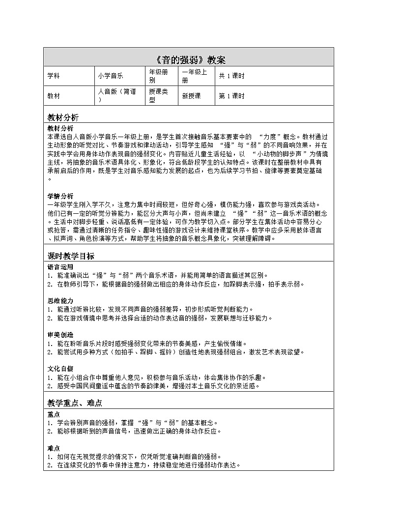 《音的强弱》教学设计(表格版)-2025-2026学年人音版(2024)音乐一年级上册第1页