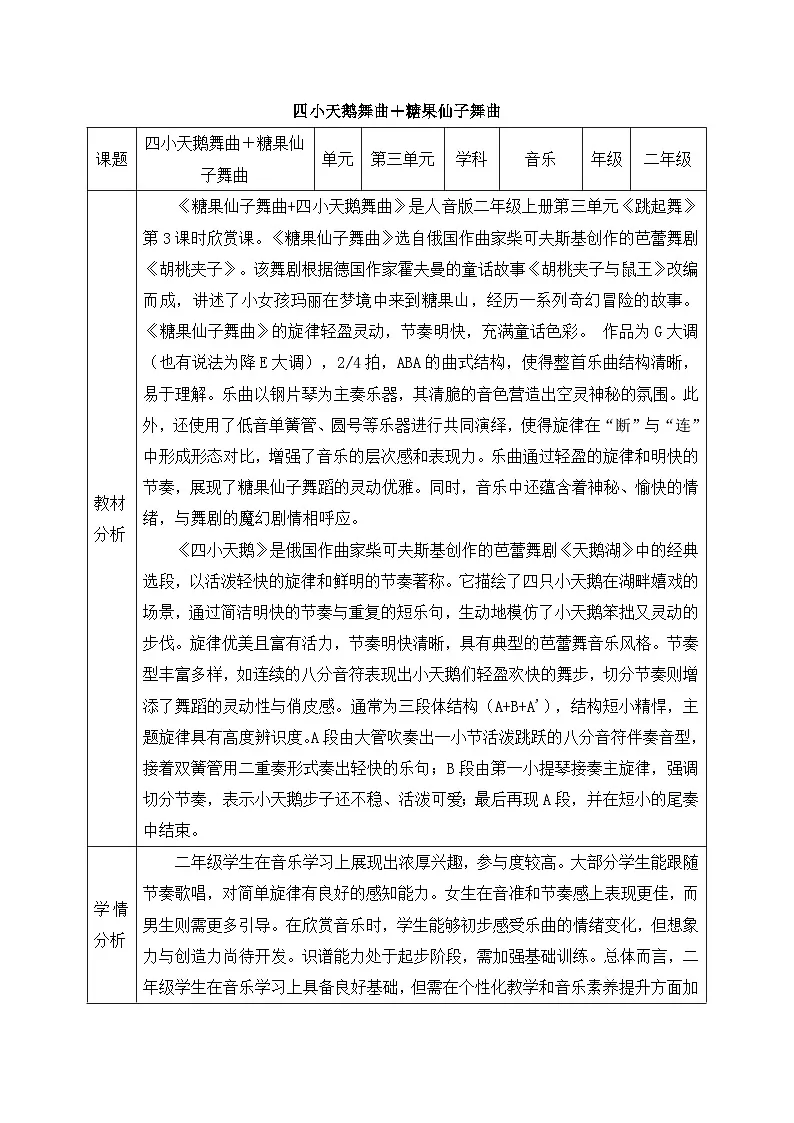 新人音版小学音乐二上第三单元《聆听 四小天鹅舞曲+聆听 糖果仙子舞曲》教案第1页
