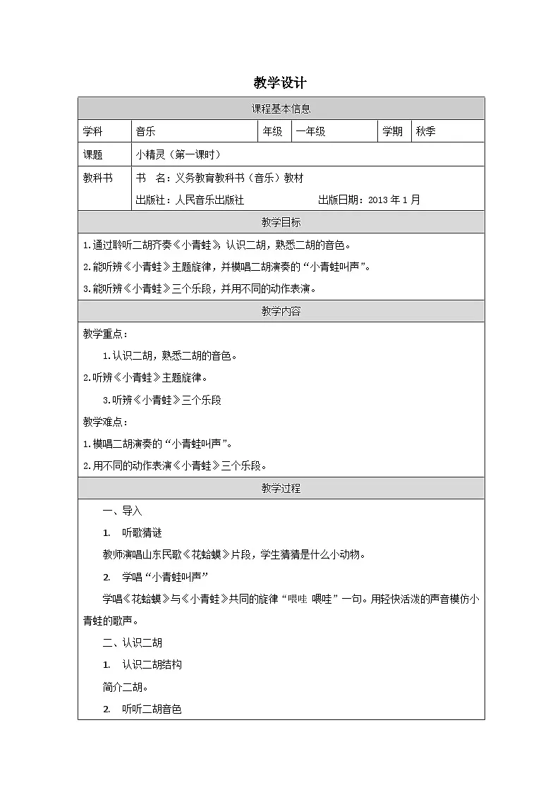 人音版(吴斌主编)音乐一年级上册第6课 小精灵-表格式教案第1页