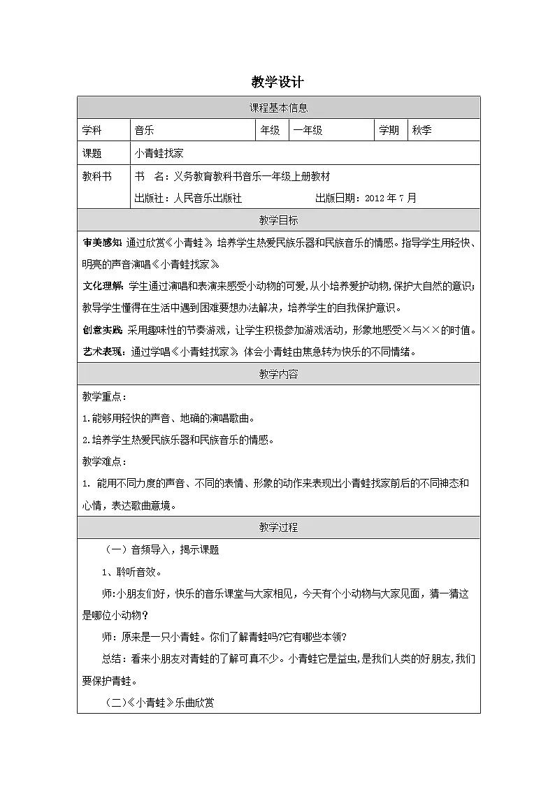 人音版(吴斌主编)音乐一年级上册第6课 小精灵 表格式教案第1页
