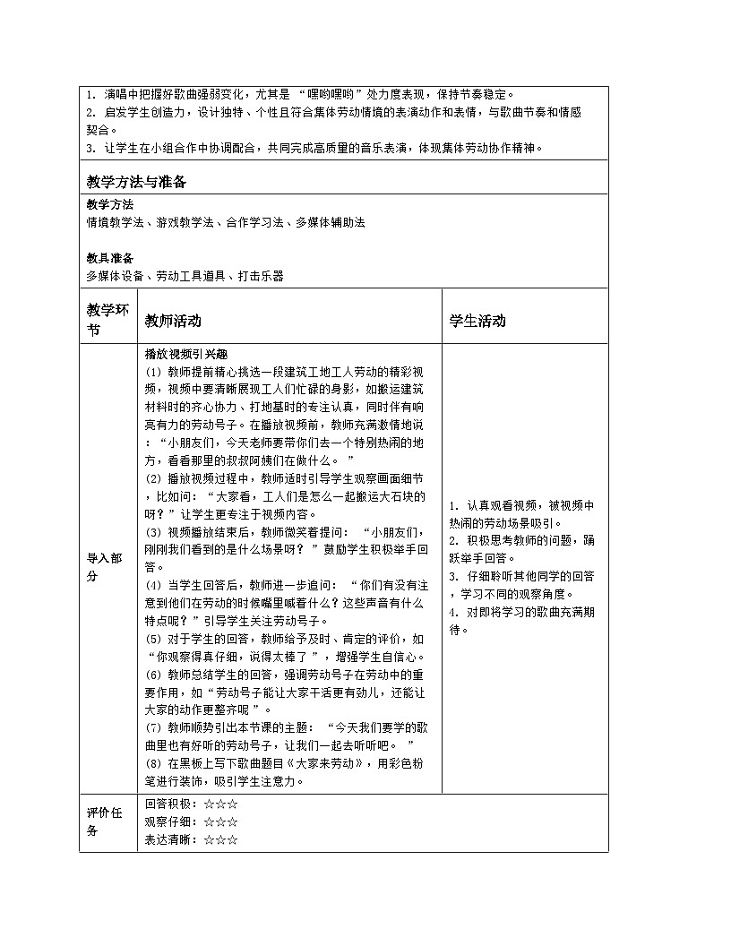 人音版2024一年级上册第五单元《大家来劳动》教案(表格式)第2页