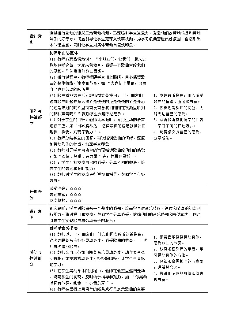 人音版2024一年级上册第五单元《大家来劳动》教案(表格式)第3页