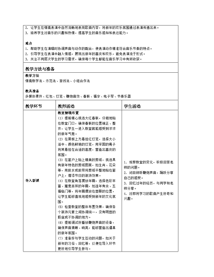音乐 人音版2024 一上情境表演 过新年 教案(表格式)第2页