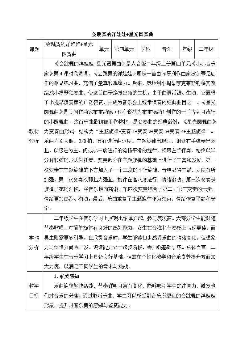 人音版2024小学音乐二上第四单元《聆听 会跳舞的洋娃娃+聆听 星光圆舞曲》教案第1页