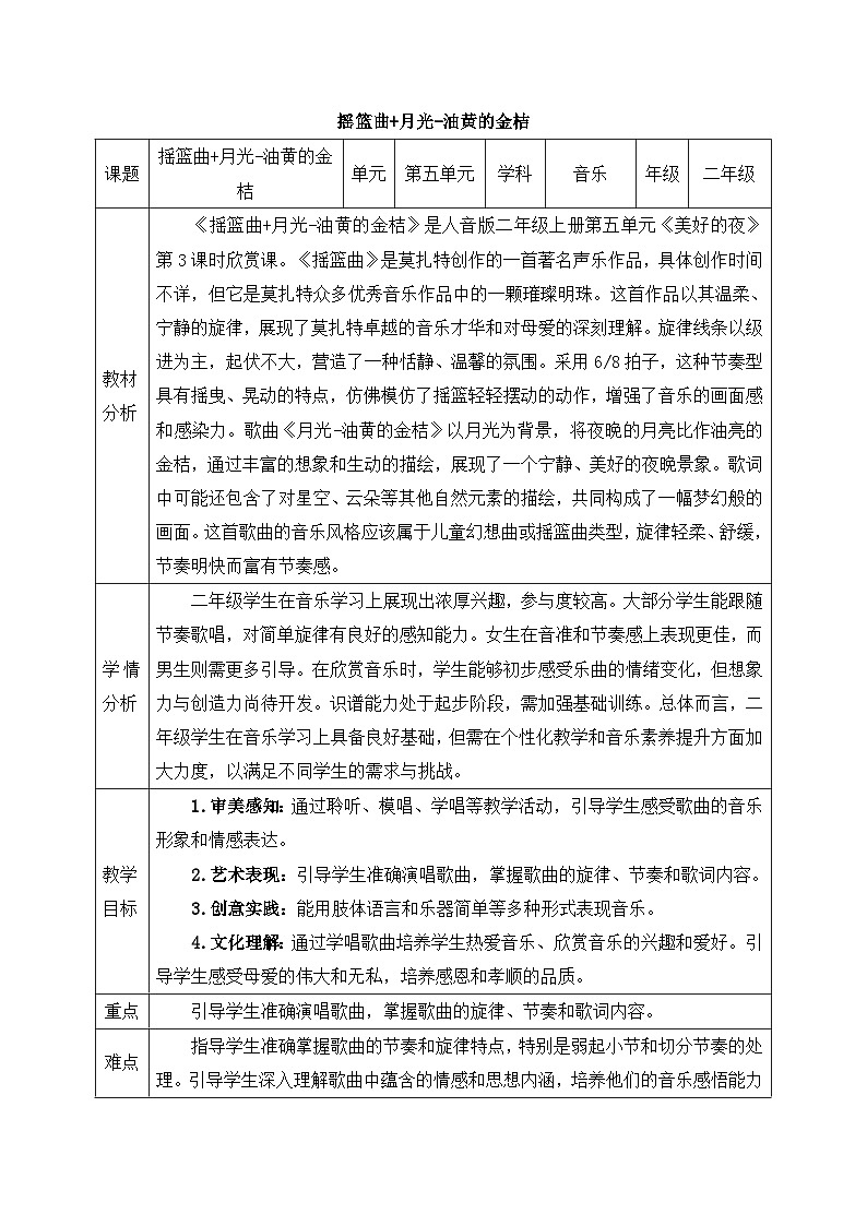 人音版2024小学音乐二上第五单元《聆听 摇篮曲+聆听 月亮——油黄的金桔》教案第1页