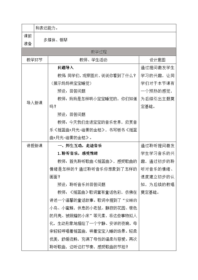 人音版2024小学音乐二上第五单元《聆听 摇篮曲+聆听 月亮——油黄的金桔》教案第2页