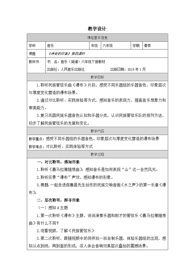 人音版音乐六年级下册第6课 神奇的印象-表格式教案第1页