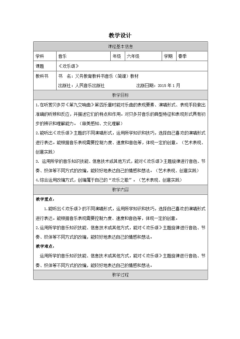 人音版音乐六年级下册第7课 放飞梦想-表格式教案第1页