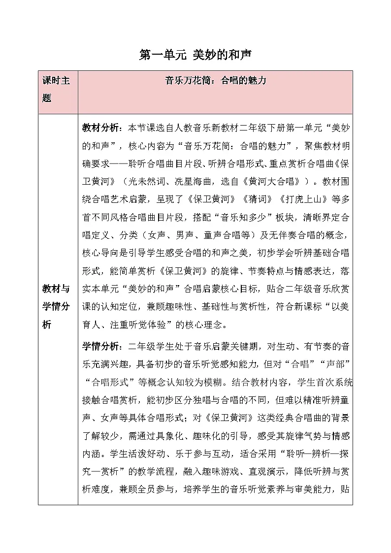 人教版2024小学音乐二下第一单元《音乐万花筒 合唱的魅力》教案第1页