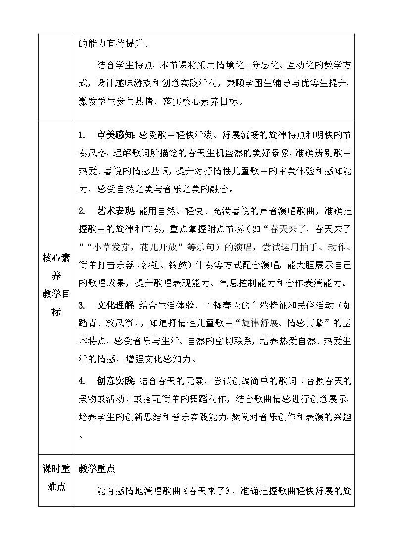 人教版2024小学音乐三下第一单元《小小歌唱家 春天来了》教案第2页