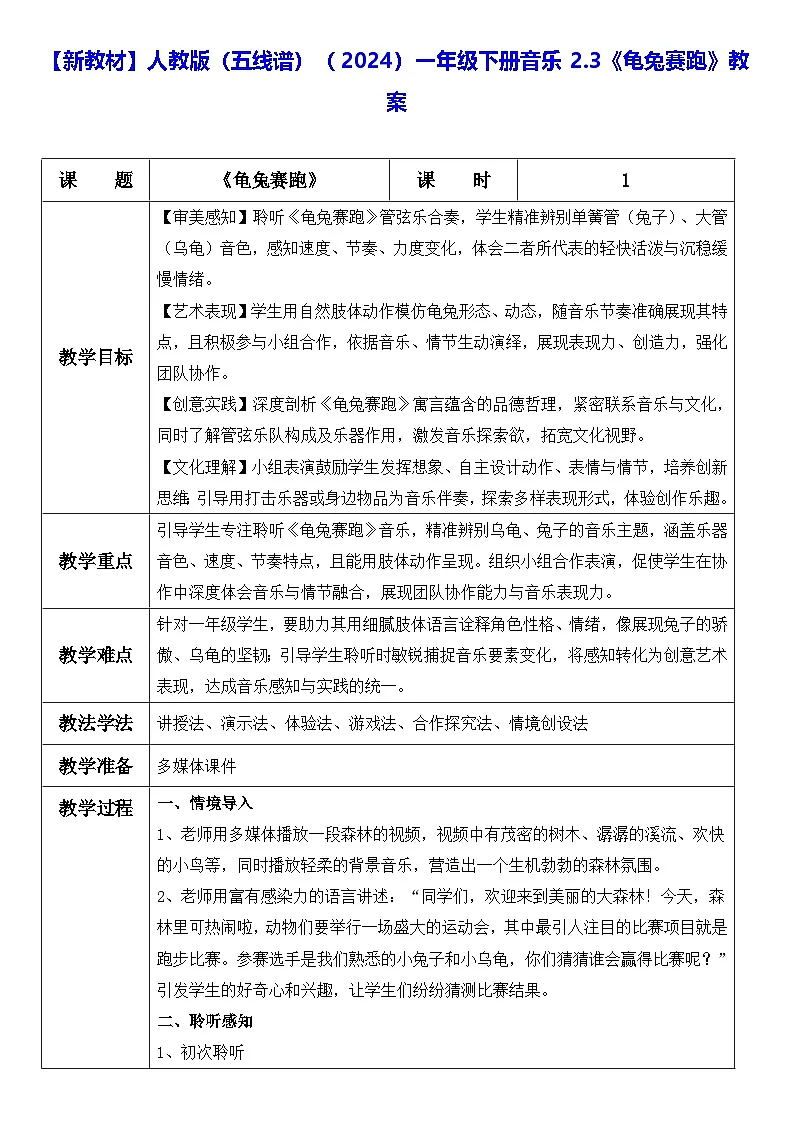 【新教材】人教版(五线谱)(2024)一年级下册音乐2.3《龟兔赛跑》教案第1页