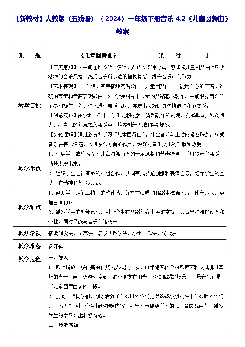【新教材】人教版(五线谱)(2024)一年级下册音乐4.2《儿童圆舞曲》教案第1页