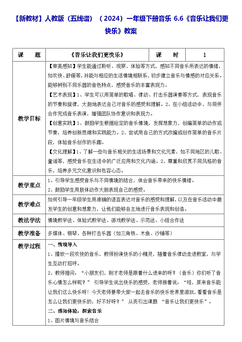 【新教材】人教版(五线谱)(2024)一年级下册音乐6.6《音乐让我们更快乐》教案第1页