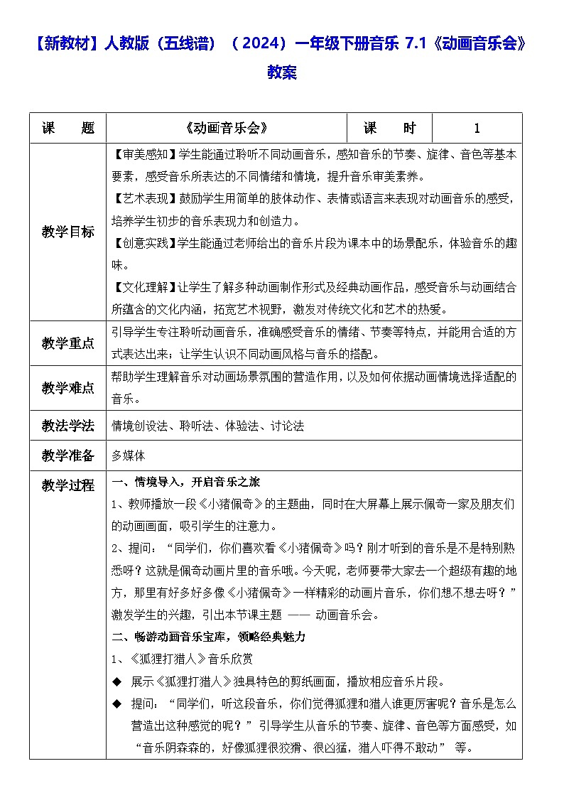 【新教材】人教版(五线谱)(2024)一年级下册音乐7.1《动画音乐会》教案第1页