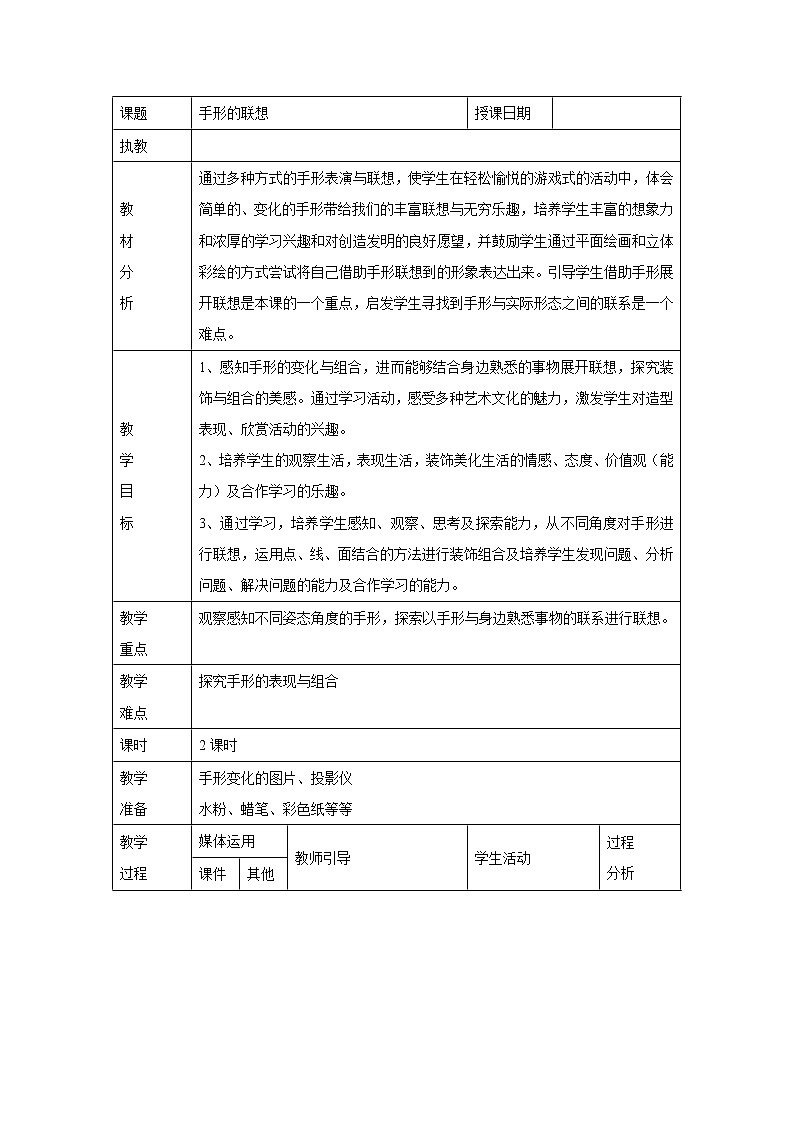 人美版小学美术一年级下册9. 手形的联想 教学设计 (表格式)第1页