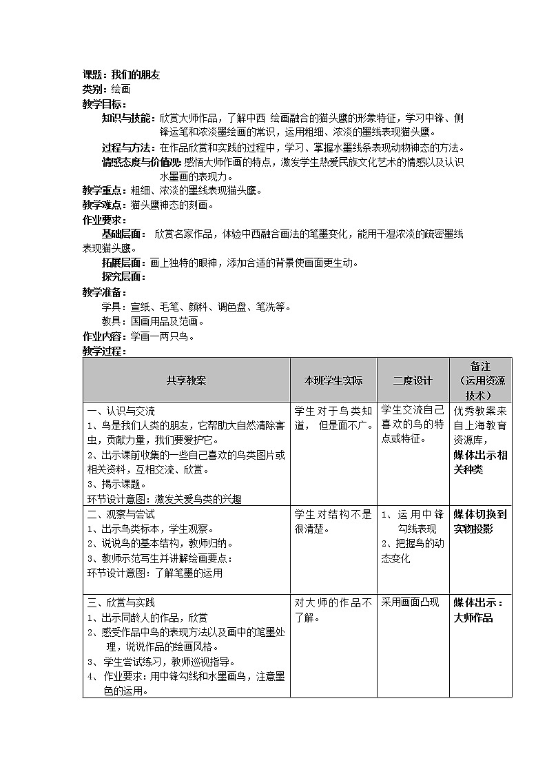 沪教版美术四下6.1我们的朋友 优质教案第1页