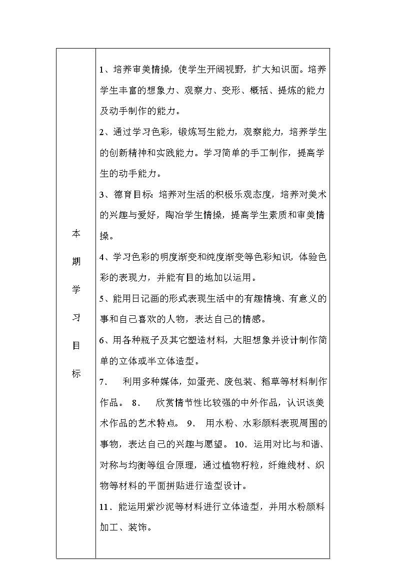 人教版美术4年上册 教学计划(表格式)第3页