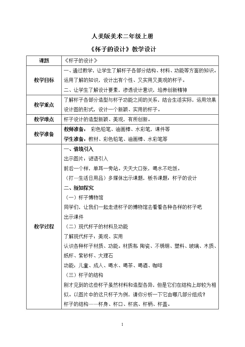 人美版美术二年级上册10.《杯子的设计 》课件+教学设计01