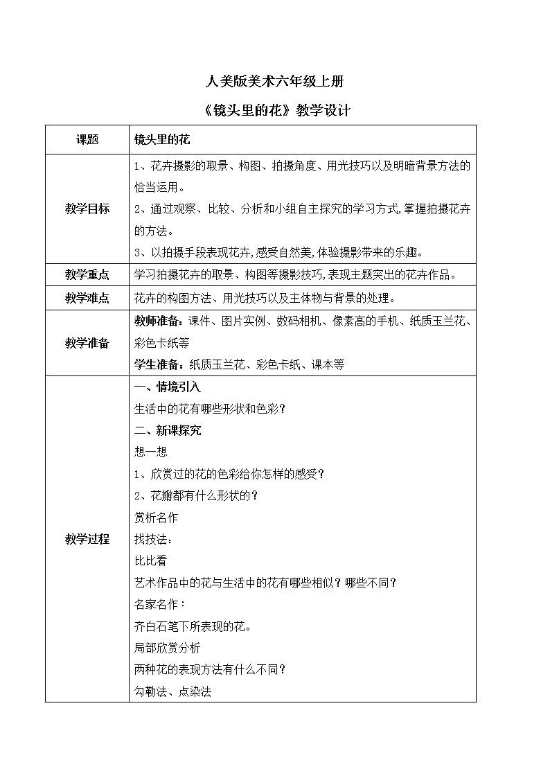 人美版美术六上第11课《镜头里的花》课件+教学设计01