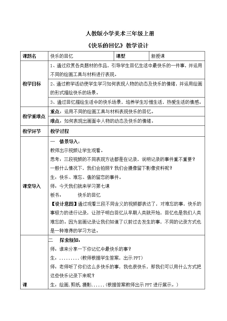 人教版小学美术三年级上册《快乐的回忆》课件+配套教案+配套视频01