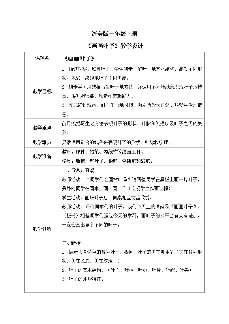 浙美版1上美术18《画画叶子》教案第1页