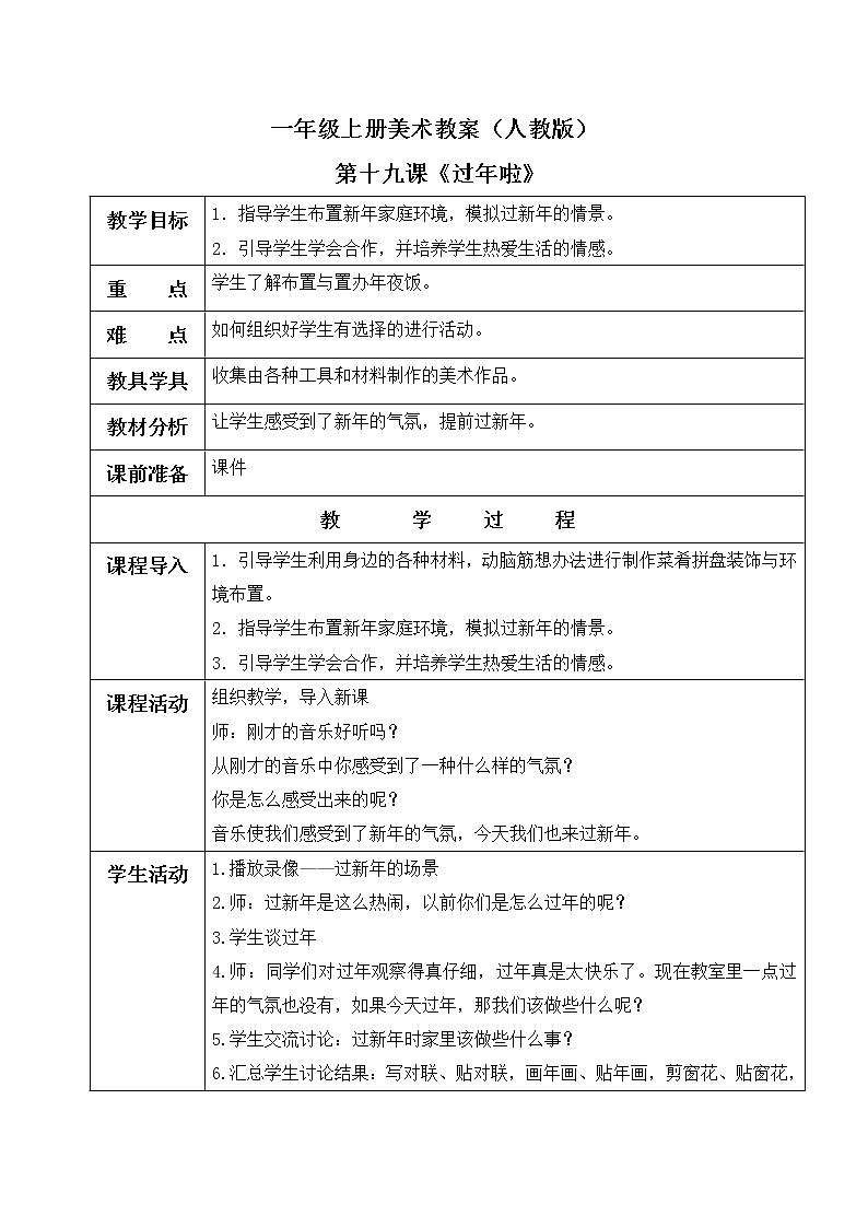 小学美术 一年级上册 第十九课《过年啦》课件PPT+教案01