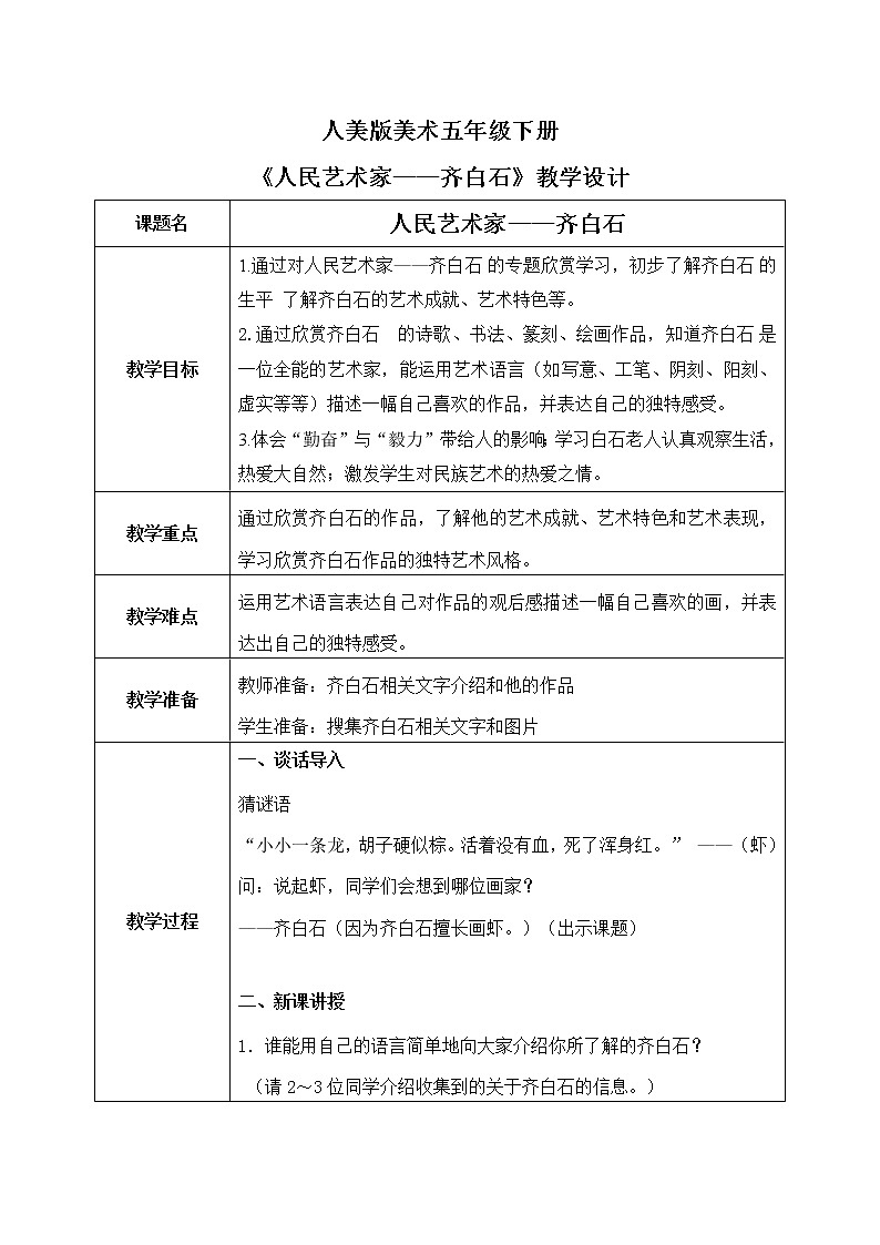 人美版5下美术1《人民艺术家——齐白石》课件PPT+教案01