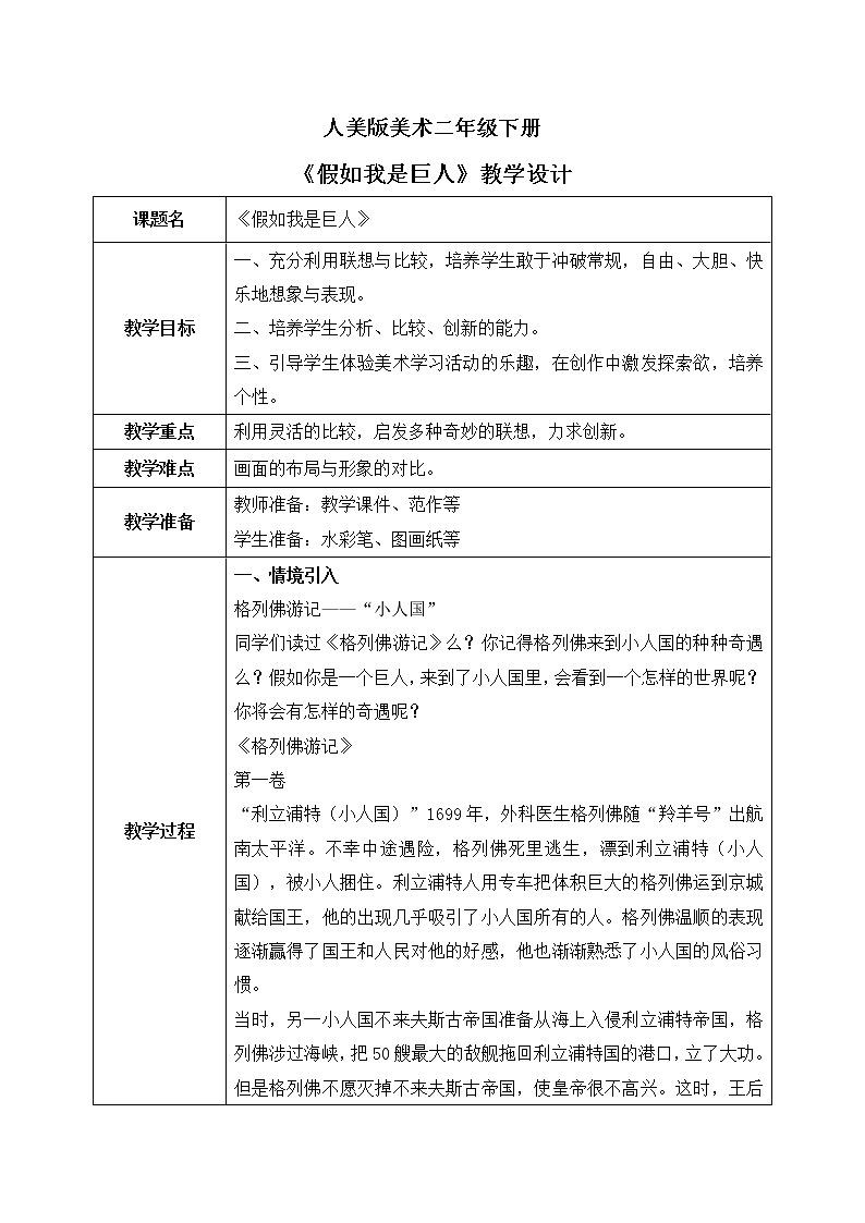 人美版美术二下9.《假如我是巨人》教学设计第1页